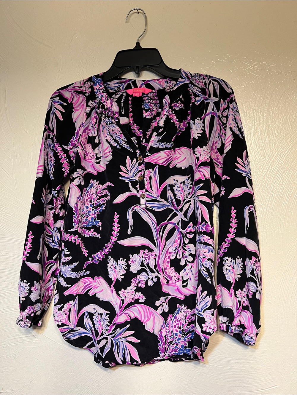 Lilly Pulitzer Silk Tropical Floral Elsa Blouse Shirt Tail Hem Size XS